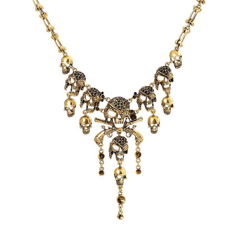 Wholesale Retro exaggerated multi-layer skull and ghost head tassel necklace